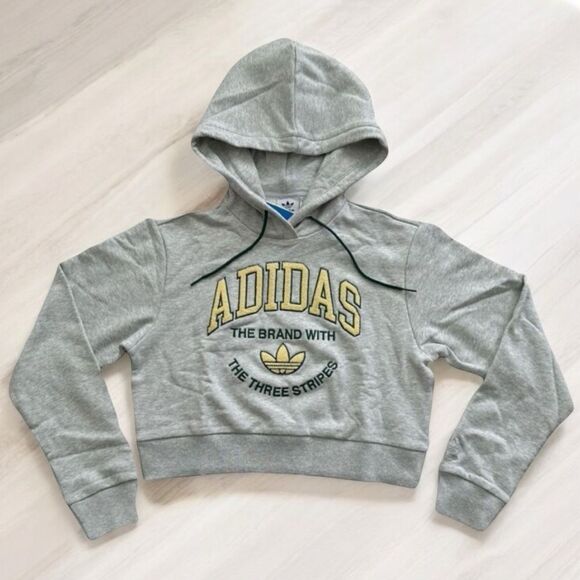 Adidas Varsity Graphic Hoodie Cropped Sweatshirt Heather Gray Loose Fit Size XS - Picture 1 of 10